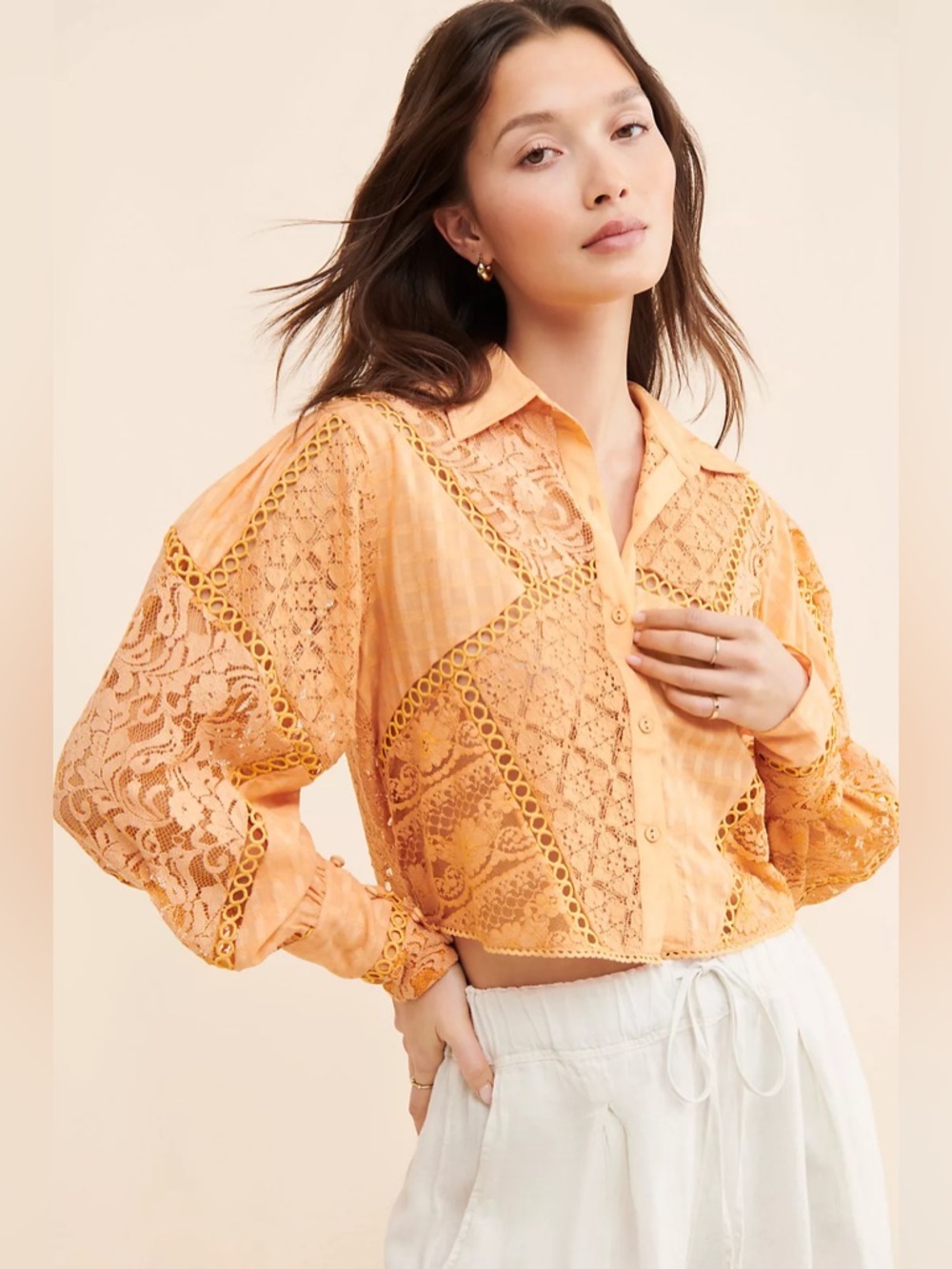 Anthropologie Bhanuni by Jyoti Crafted Lace Button Down Blouse- Size Small